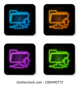 Glowing neon FTP folder upload icon on white background. Concept of software update, transfer protocol, router, teamwork tool management, copy process. Black square button. Vector Illustration