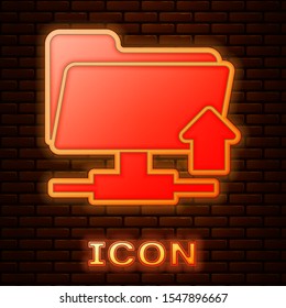 Glowing neon FTP folder upload icon isolated on brick wall background. Software update, transfer protocol, router, teamwork tool management, copy process.  Vector Illustration