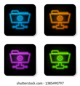 Glowing neon FTP settings folder icon on white background. Concept of software update, transfer protocol, router, teamwork tool management, copy process. Black square button. Vector Illustration