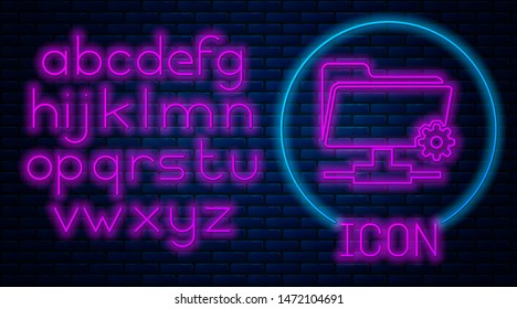 Glowing neon FTP settings folder icon isolated on brick wall background. Software update, transfer protocol, router, teamwork tool management, copy process. Neon light alphabet. Vector Illustration