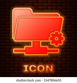 Glowing neon FTP settings folder icon isolated on brick wall background. Software update, transfer protocol, router, teamwork tool management, copy process.  Vector Illustration