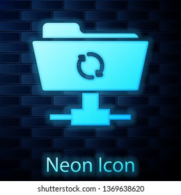 Glowing neon FTP sync refresh icon on brick wall background. Concept of software update, transfer protocol, router, teamwork tool management, copy process. Vector Illustration