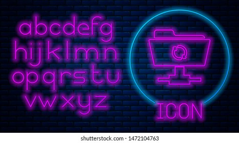 Glowing neon FTP sync refresh icon isolated on brick wall background. Software update, transfer protocol, router, teamwork tool management, copy process. Neon light alphabet. Vector Illustration