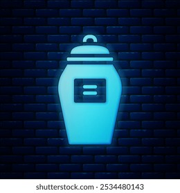 Glowing neon Funeral urn icon isolated on brick wall background. Cremation and burial containers, columbarium vases, jars and pots with ashes.  Vector