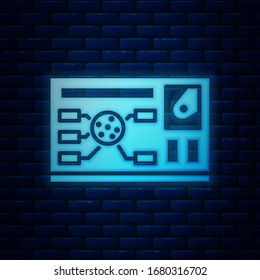 Glowing neon Futuristic hud interface icon isolated on brick wall background. Hologram ui infographic, interactive globe and cyber sky fi screen.  Vector Illustration
