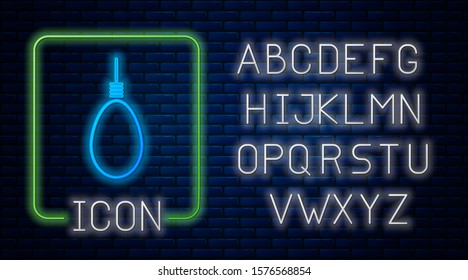 Glowing neon Gallows rope loop hanging icon isolated on brick wall background. Rope tied into noose. Suicide, hanging or lynching. Neon light alphabet. Vector Illustration