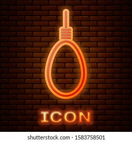 Glowing neon Gallows rope loop hanging icon isolated on brick wall background. Rope tied into noose. Suicide, hanging or lynching.  Vector Illustration