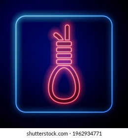 Glowing neon Gallows rope loop hanging icon isolated on blue background. Rope tied into noose. Suicide, hanging or lynching.  Vector