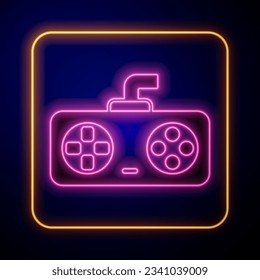 Glowing neon Game controller or joystick for game console icon isolated on black background.  Vector