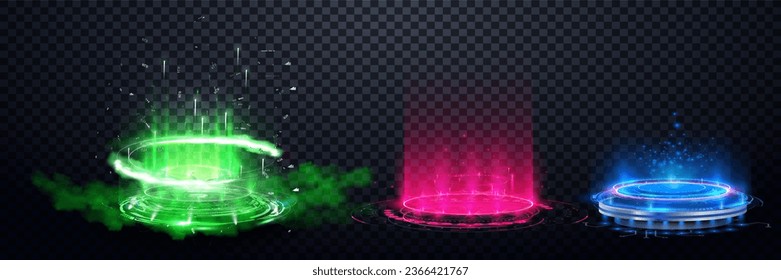 Glowing neon game portal. Futuristic teleport podiums, healing aura for game interface. Level up and teleportation process game effect. Vector illustration 