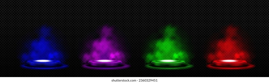 Glowing neon game portal - realistic vector illustration of futuristic teleport podium with smoke for game ui concept. Magic or cyberpunk round port or product podium with fog and luminous effect.