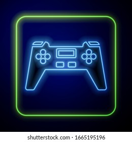 Glowing neon Gamepad icon isolated on blue background. Game controller.  Vector Illustration