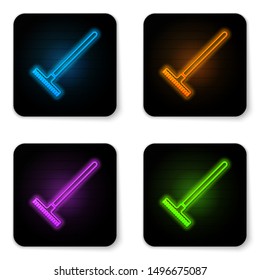 Glowing neon Garden rake icon isolated on white background. Tool for horticulture, agriculture, farming. Ground cultivator. Housekeeping equipment. Black square button. Vector Illustration