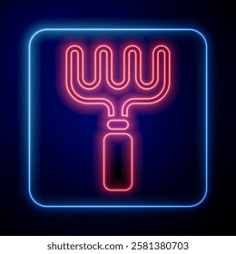 Glowing neon Garden rake icon isolated on black background. Tool for horticulture, agriculture, farming. Ground cultivator. Housekeeping equipment.  Vector