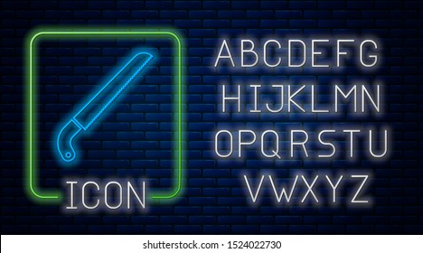 Glowing neon Garden saw icon isolated on brick wall background. Neon light alphabet. Vector Illustration