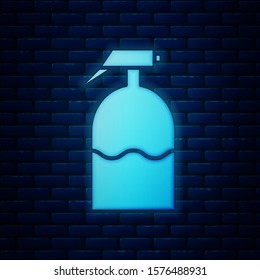 Glowing neon Garden sprayer for water, fertilizer, chemicals icon isolated on brick wall background.  Vector Illustration