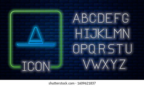 Glowing neon Gardener, farmer or agricultural worker hat icon isolated on brick wall background. Neon light alphabet. Vector Illustration