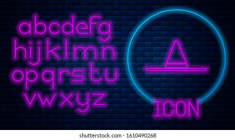 Glowing neon Gardener, farmer or agricultural worker hat icon isolated on brick wall background. Neon light alphabet. Vector Illustration