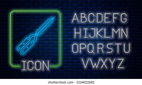 Glowing neon Gardening handmade scissors for trimming icon isolated on brick wall background. Pruning shears with wooden handles. Neon light alphabet. Vector Illustration