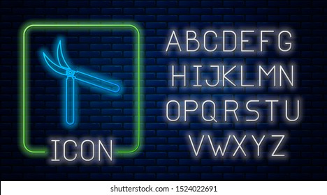 Glowing neon Gardening handmade scissors for trimming icon isolated on brick wall background. Pruning shears with wooden handles. Neon light alphabet. Vector Illustration