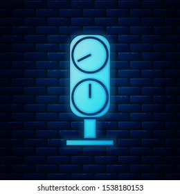 Glowing neon Gauge scale icon isolated on brick wall background. Satisfaction, temperature, manometer, risk, rating, performance, speed tachometer.  Vector Illustration