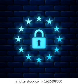 Glowing neon GDPR - General data protection regulation icon isolated on brick wall background. European Union symbol. Security, safety, protection, privacy concept.  Vector Illustration