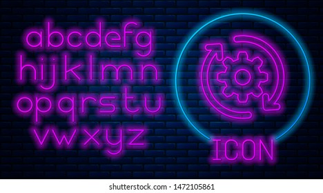 Glowing neon Gear and arrows as workflow concept icon isolated on brick wall background. Gear reload sign. Neon light alphabet. Vector Illustration