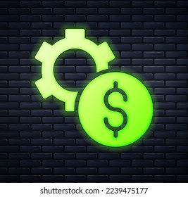 Glowing neon Gear with dollar symbol icon isolated on brick wall background. Business and finance conceptual icon.  Vector