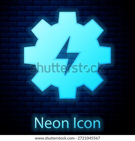 Glowing neon Gear and lightning icon isolated on brick wall background. Electric power. Lightning bolt sign.  Vector