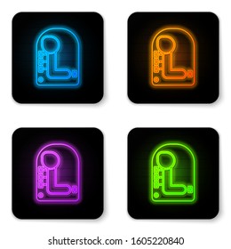 Glowing neon Gear shifter icon isolated on white background. Transmission icon. Black square button. Vector Illustration