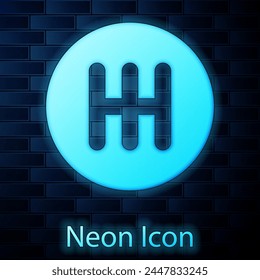 Glowing neon Gear shifter icon isolated on brick wall background. Transmission icon.  Vector