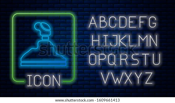 Glowing neon Gear shifter icon isolated on\
brick wall background. Transmission icon. Neon light alphabet.\
Vector Illustration