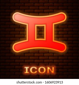 Glowing neon Gemini zodiac sign icon isolated on brick wall background. Astrological horoscope collection.  Vector Illustration