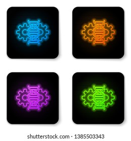 Glowing neon Gene editing icon isolated on white background. Genetic engineering. DNA researching, research. Black square button. Vector Illustration