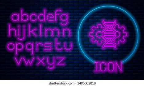 Glowing neon Gene editing icon isolated on brick wall background. Genetic engineering. DNA researching, research. Neon light alphabet. Vector Illustration
