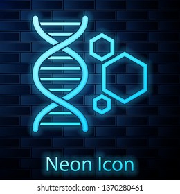 Glowing neon Genetic engineering icon isolated on brick wall background. DNA analysis, genetics testing, cloning, paternity testing. Vector Illustration