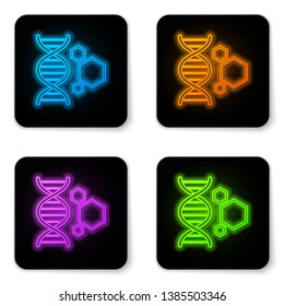 Glowing neon Genetic engineering icon isolated on white background. DNA analysis, genetics testing, cloning, paternity testing. Black square button. Vector Illustration