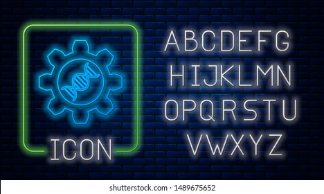 Glowing neon Genetic engineering icon isolated on brick wall background. DNA analysis, genetics testing, cloning, paternity testing. Neon light alphabet. Vector Illustration