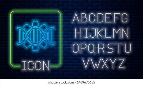 Glowing neon Genetic engineering icon isolated on brick wall background. DNA analysis, genetics testing, cloning, paternity testing. Neon light alphabet. Vector Illustration