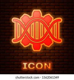 Glowing neon Genetic engineering icon isolated on brick wall background. DNA analysis, genetics testing, cloning, paternity testing.  Vector Illustration