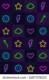 Plano de fundo de padrão geométrico neon brilhante com formas de nuvem de estrela de coração