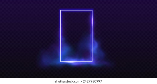 Glowing neon geometric portal. Vector illustration. Blue colored neon frame with haze on transparent backdrop