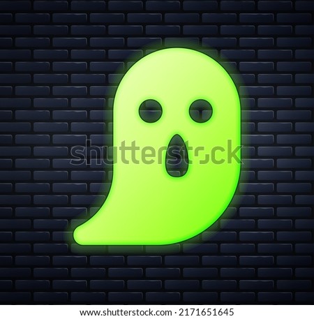 Glowing neon Ghost icon isolated on brick wall background. Happy Halloween party.  Vector