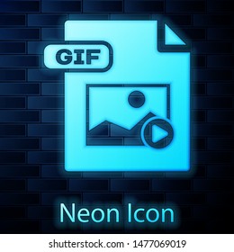 Glowing neon GIF file document. Download gif button icon isolated on brick wall background. GIF file symbol.  Vector Illustration
