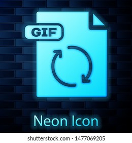 Glowing neon GIF file document. Download gif button icon isolated on brick wall background. GIF file symbol.  Vector Illustration
