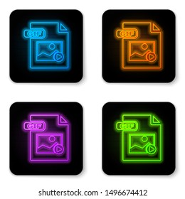 Glowing neon GIF file document. Download gif button icon isolated on white background. GIF file symbol. Black square button. Vector Illustration