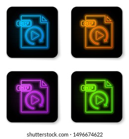 Glowing neon GIF file document. Download gif button icon isolated on white background. GIF file symbol. Black square button. Vector Illustration