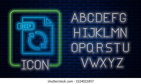 Glowing neon GIF file document. Download gif button icon isolated on brick wall background. GIF file symbol. Neon light alphabet. Vector Illustration