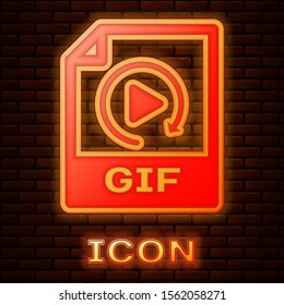 Glowing neon GIF file document. Download gif button icon isolated on brick wall background. GIF file symbol.  Vector Illustration
