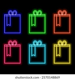 Glowing neon Gift box and heart icon isolated on brick wall background. Packaging Valentine's Day. Beautiful festive box tied with ribbon and bow on top.